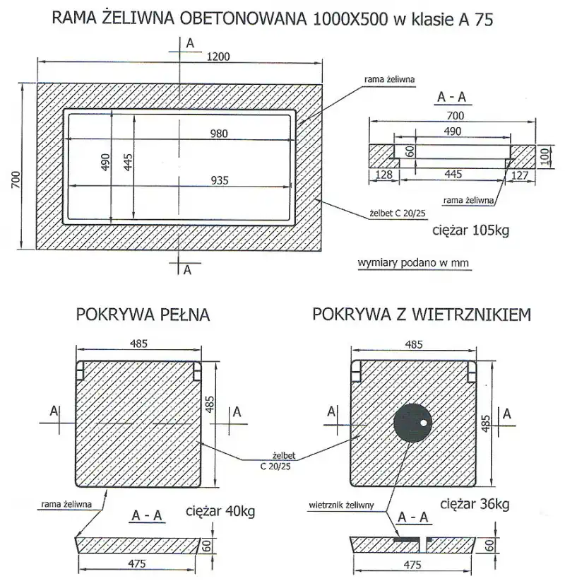 Zwieńczenie 1000x500 klasy A75 /żeliwno-betonowe/ i B125 /stalowo-betonowe/