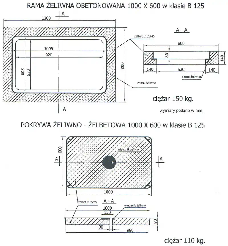 Zwieńczenie 1000x600 klasy B125 /żeliwno-betonowe lub stalowo-betonowe/