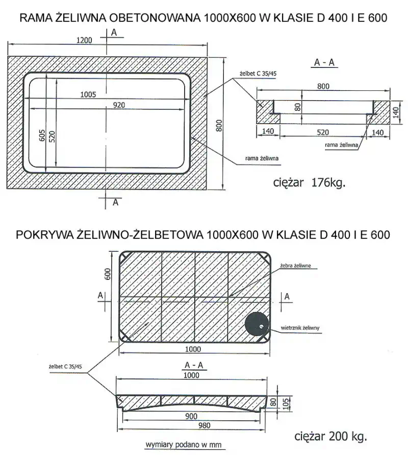Zwieńczenie 1000x600 klasy D400 i E600 /żeliwno-betonowe/